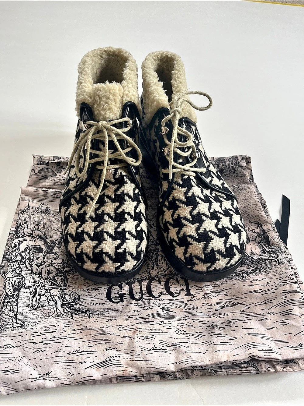 Gucci Houndstooth Shearling Ankle Boots Black & Cream